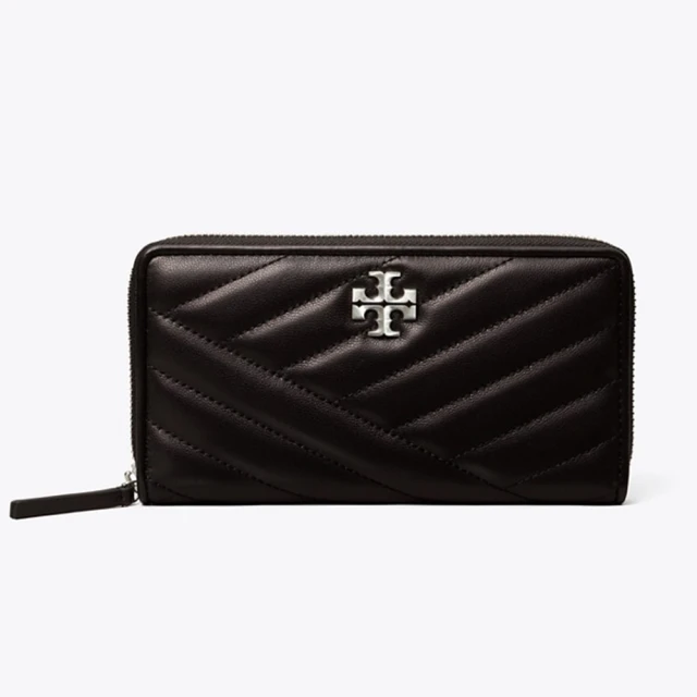 TORY BURCHTORY BURCH 專櫃經典款KIRA 雙T金屬LOGO壓紋釦式長夾/手拿包(黑色 銀色金屬)