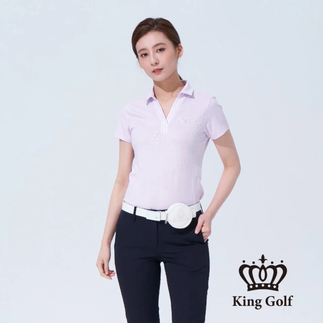 KING GOLF MOMO特談-女款煙火印圖背面撞色織帶短袖POLO衫(粉紫)