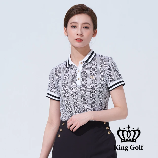 KING GOLF MOMO特談-女款鐵鍊印圖LOGO刺繡織帶撞色短袖POLO衫(黑色)