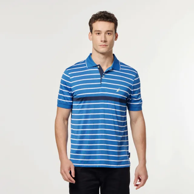 【NAUTICA】男裝 吸濕排汗細條紋短袖POLO衫(藍白色)