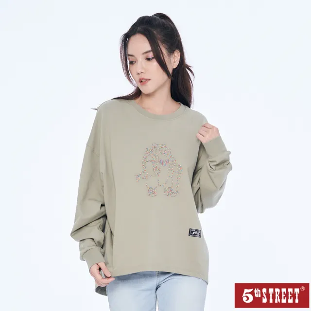 【5th STREET】雙11 女裝彩色線繡花熊寬版長袖T恤-綠色