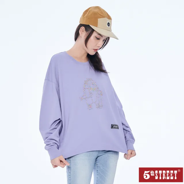 【5th STREET】雙11 女裝彩色線繡花熊寬版長袖T恤-紫色