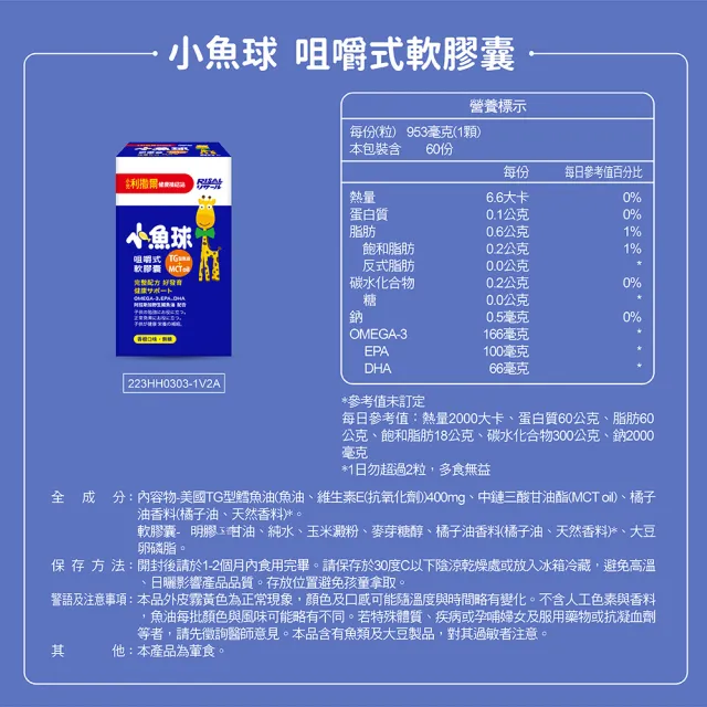 【小兒利撒爾】小魚球軟膠囊5瓶+口罩組(60粒/瓶x5+20入不挑款 兒童魚油 Omega3)