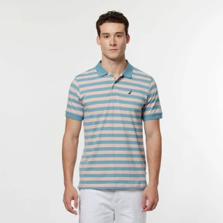 【NAUTICA】男裝 休閒撞色條紋短袖POLO衫(藍粉色)
