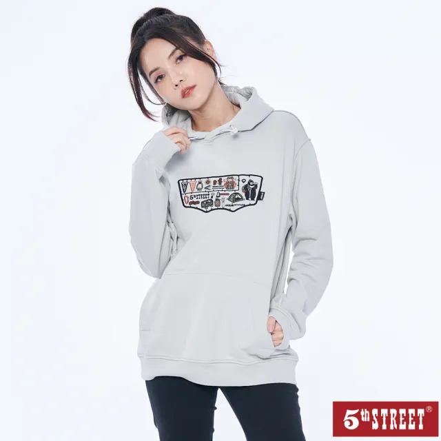 【5th STREET】雙11 中性款露營繡花圖案長袖帽T-灰色(山形系列)
