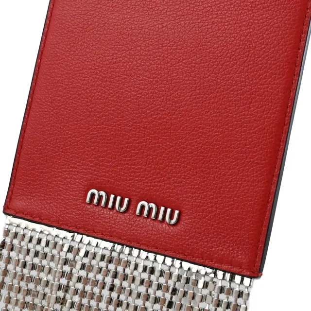 【MIU MIU】簡約LOGO水鑽流蘇裝飾小牛皮手機包斜背包(紅)