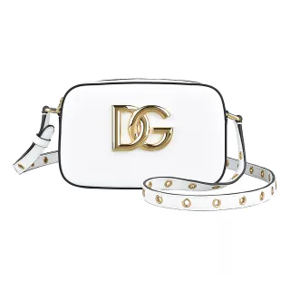 【DOLCE&GABBANA 杜嘉班納】D&G DOLCE&GABBANA 3.5 LOGO拉鍊小牛皮孔洞背帶斜背相機包(白)
