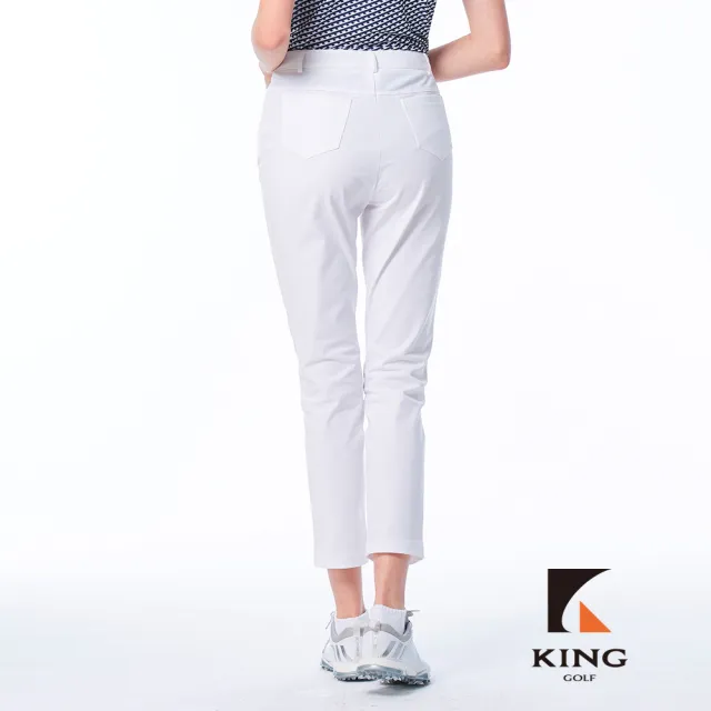 【KING GOLF】實體同步款-女款透氣涼感素面簡約KG刺繡彈力中高腰修身長褲/高爾夫球長褲(白色)