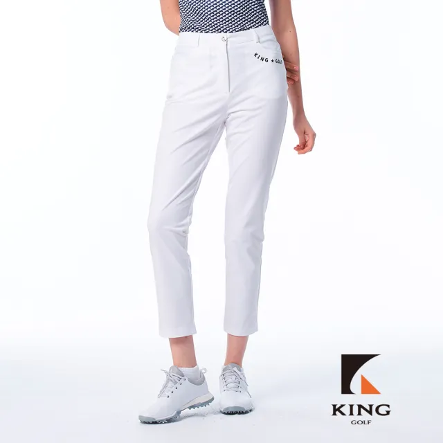 【KING GOLF】實體同步款-女款透氣涼感素面簡約KG刺繡彈力中高腰修身長褲/高爾夫球長褲(白色)