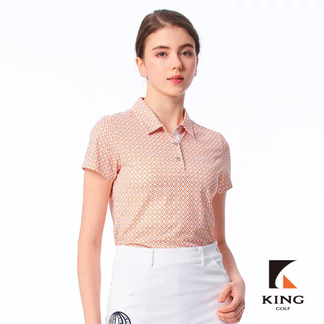 【KING GOLF】實體同步款-女款滿版圈圈KG印花立體刺繡透氣涼感開襟短袖POLO衫/高爾夫球衫(橘色)