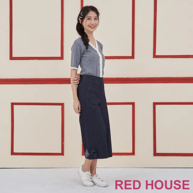 【RED HOUSE 蕾赫斯】褲口蝴蝶結條紋寬褲(深藍色)