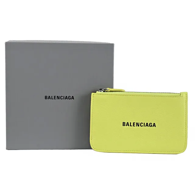 【Balenciaga 巴黎世家】簡約經典品牌LOGO荔枝牛皮信用卡零錢包(螢光黃)