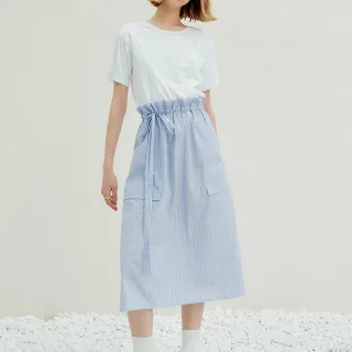 【OUWEY 歐薇】條紋拼接舒適假兩件洋裝(淺藍色；S-L；3242187007)