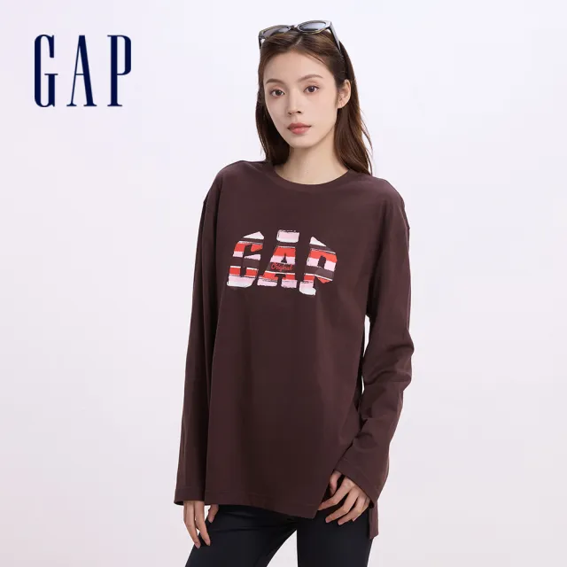 【GAP】女裝 Logo純棉印花圓領長袖T恤 水洗棉系列-棕色(622464)