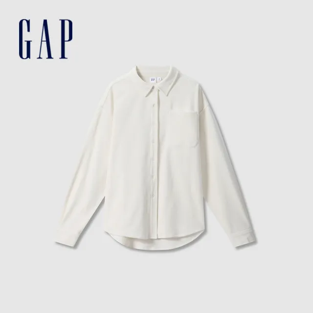 【GAP】女裝 Logo翻領長袖襯衫-米白色(638041)