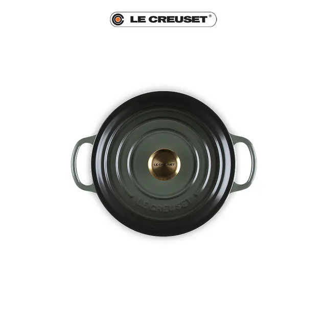 【Le Creuset】典藏琺瑯鑄鐵鍋圓鍋 20cm(百里香綠-金頭-內鍋白)