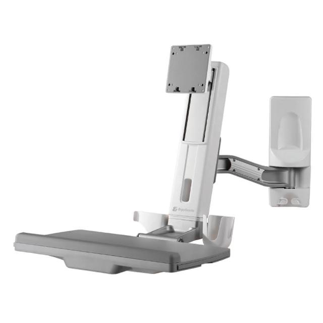 EGOEW10Q 壁掛式坐站兩用升降站，專為站立者設計，完美調整高度，支援坐與站兩種姿勢。具備快拆安裝功能，易於拆卸與組裝，內建鍵盤托架，可自由升降。採用鋼、金、塑膠材質，VESA安裝孔位為10x10公分，適合7-55寸螢幕。產品尺寸為578x412x212 mm，銀色系外觀，簡潔美觀。最大承重為2-8kg，鍵盤託載重2.5kg，因重心不同重量不得大於5kg。