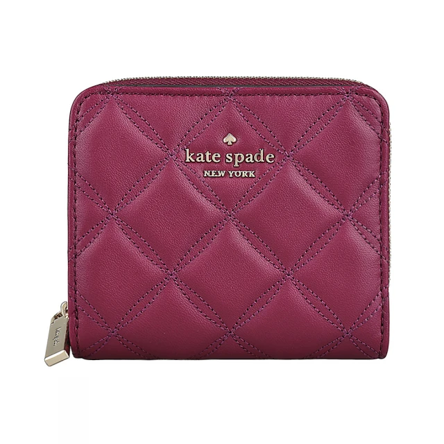 KATE SPADE Kate Spade Natalia桃心LOGO釦式菱格絎縫小牛皮6卡短夾(黑莓紅)