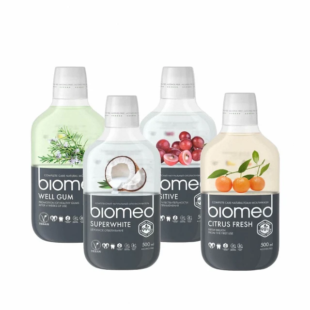 蓓齒美BIOMED 4件組_草本生醫健齒漱口水系列_草本護齦+柚橘清新+椰油果酵+葡萄籽舒復(500ml家用版-網)