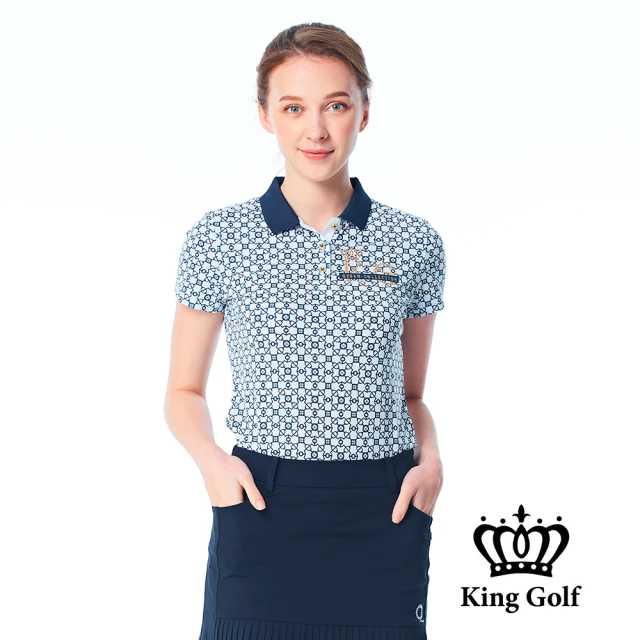 KING GOLF MOMO特談-女款滿版幾何格紋印花撞色領口涼感短袖上衣POLO衫/高爾夫球衫(藍色)