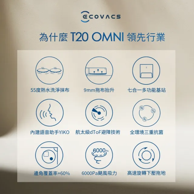 【ECOVACS 科沃斯】DEEBOT T20 OMNI 熱洗熱烘掃拖機器人(自動集塵回洗/9MM拖布抬升/全環境抗菌)