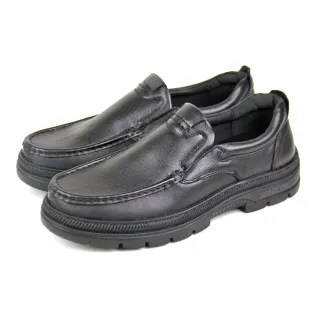 【GREEN PHOENIX 波兒德】男 厚底休閒皮鞋 商務皮鞋 學生鞋 直套式 全真皮 素面 手縫大底(黑色)