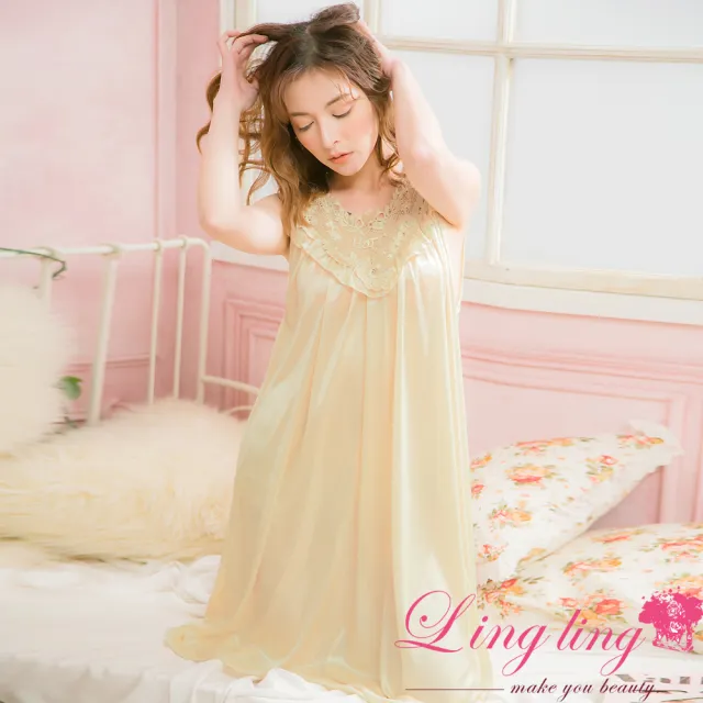 【lingling】全尺碼-雕花蕾絲冰絲連身背心睡衣 居家服睡裙(PA2838-共11色可選)