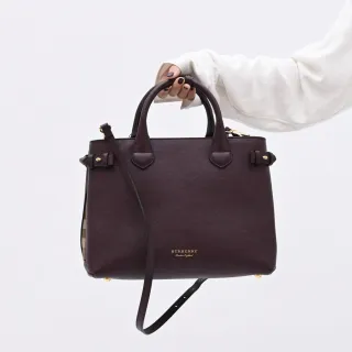 【BURBERRY 巴寶莉】House 英系經典棉麻格紋牛皮拼接手提兩用包三層包(酒紅 大款)