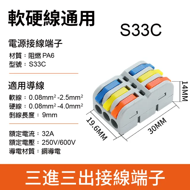 【青禾坊】拼接式 3進3出 S33R/S33C 快速接頭-50入(接線端子/快接端子/電火布/絕緣膠帶/快速配線)