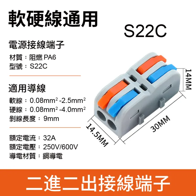 【青禾坊】拼接式 2進2出S22R/S22C快速接頭-100入(接線端子/快接端子/電火布/絕緣膠帶/快速配線)