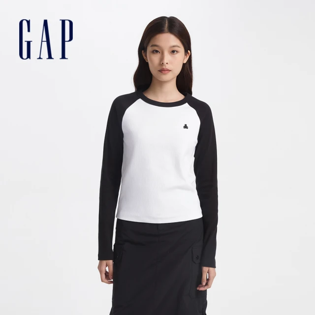 GAP 女裝 小熊刺繡羅紋圓領長袖T恤-黑色(634814)