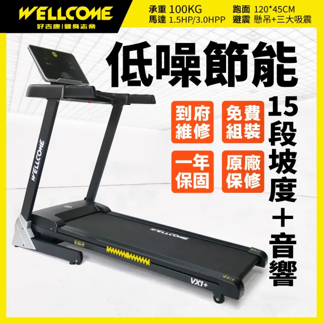 【well-come 好吉康】VX1PLUS 低噪節能電動跑步機(15段坡度/馬達3年保固/45cm寬跑面)