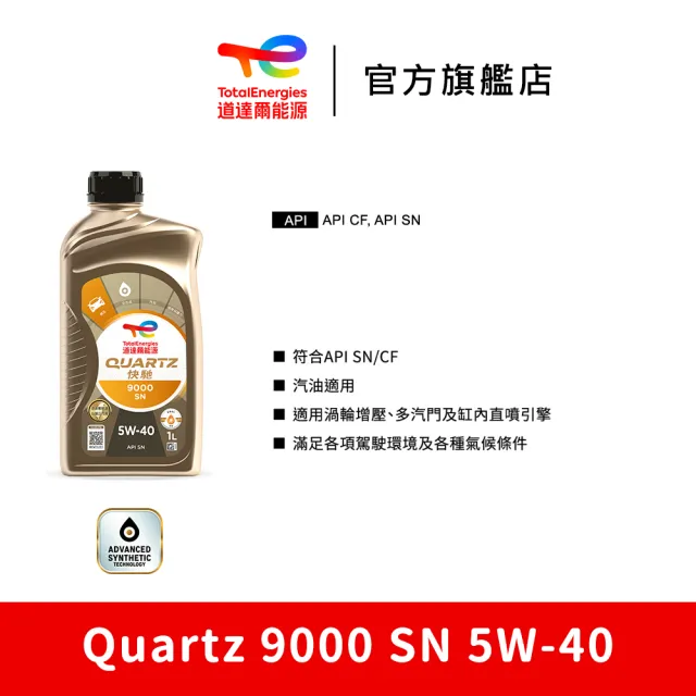 【TotalEnergies 道達爾能源官方旗艦店】Quartz 9000 SN 5W-40 全合成汽車引擎機油 12入