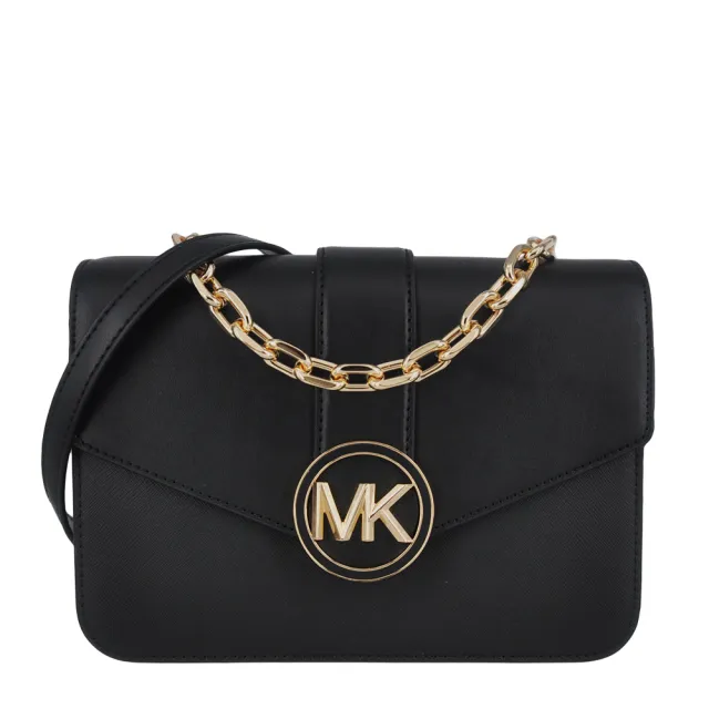 【Michael Kors】CARMEN系列金字LOGO 拼接皮革金屬釦鍊條肩背/斜背 兩用包(黑)