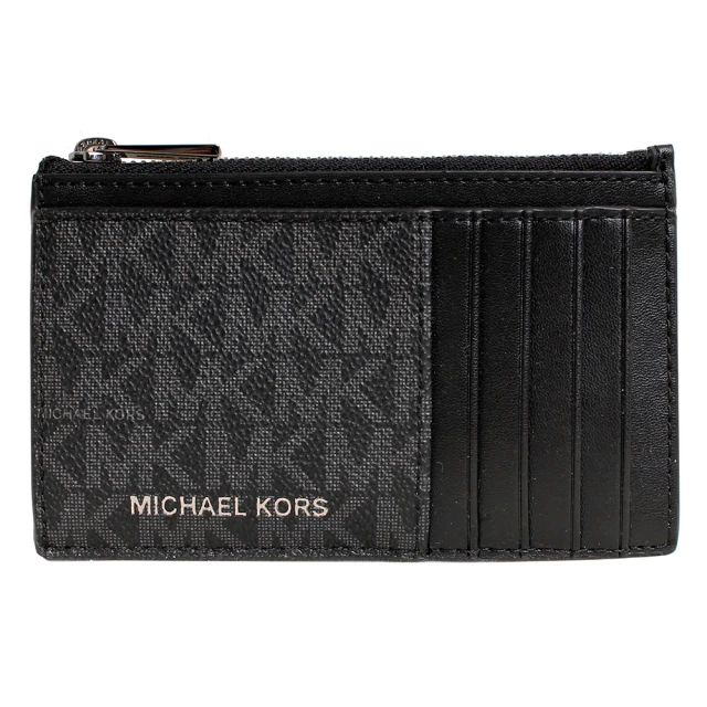 Michael Kors MK COOPER燙銀LOGO多卡層拉鍊零錢包(滿版黑)