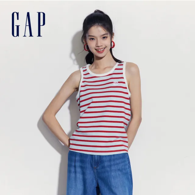 【GAP】女裝 Logo純棉圓領背心 女友T系列-紅色條紋(465244)