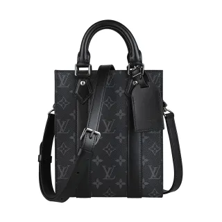 【Louis Vuitton 路易威登】LV M46453 Sac Plat Mini吊牌LOGO老花帆布搭牛皮手提斜背包(迷你/炭灰x黑)