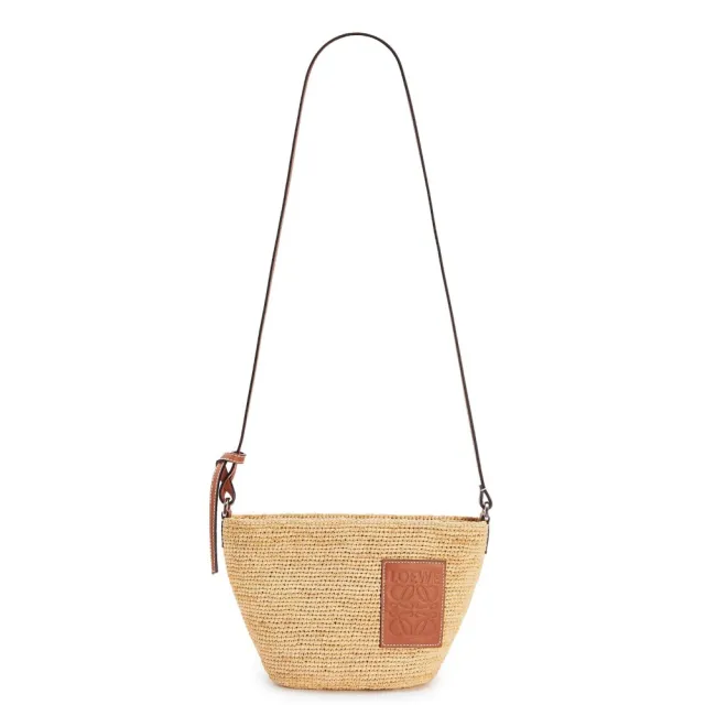 【LOEWE 羅威】Slit Pochette 酒椰纖維 緹花拼小牛皮 拉鍊 肩背包 水桶包 草編包 原色 棕褐色
