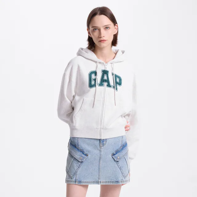 【GAP】女裝 Logo刺繡刷毛連帽外套 碳素軟磨系列-淺灰白(634420)