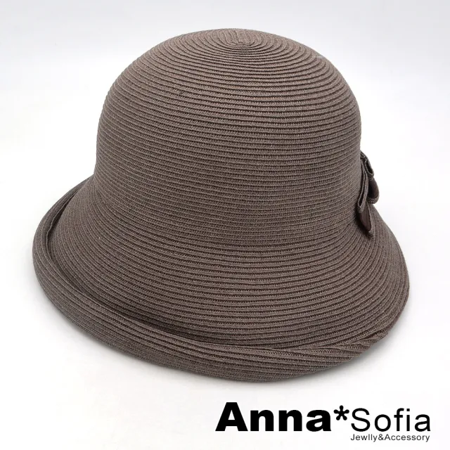 【AnnaSofia】遮陽帽防曬帽淑女帽網美渡假草帽海灘帽漁夫帽盆帽-側疊結小翻簷 現貨(濃咖系)