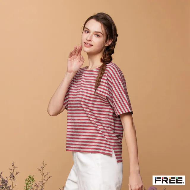 【FREE】純棉條紋前短後長圓領上衣(紅色)