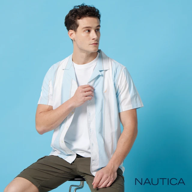 NAUTICA 男裝 直條紋清新短袖襯衫(藍白色)