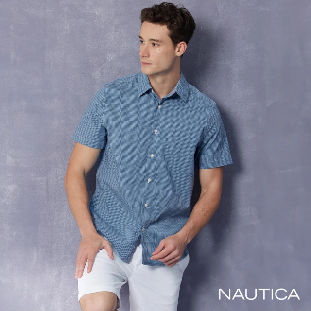 NAUTICA 男裝 吸濕排汗細格紋短袖襯衫(藍色)