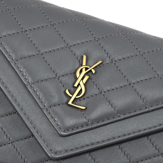 【YSL】經典字母LOGO菱格縫線小羊皮信封扣式發財零錢長夾(深灰)