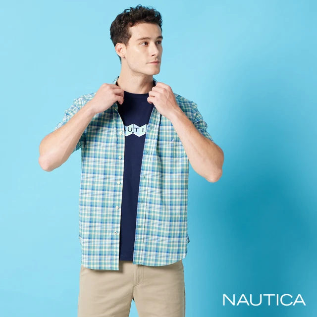 NAUTICA 男裝 舒適透氣格紋短袖襯衫(綠藍色)