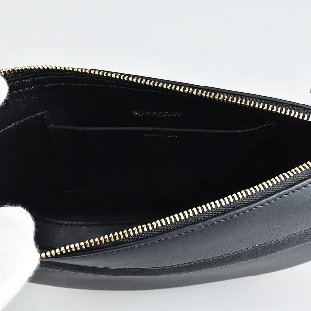【BURBERRY 巴寶莉】BURBERRY OLYMPIA LOGO拉鍊小牛皮前拉鍊造型肩背半月包(迷你/黑)