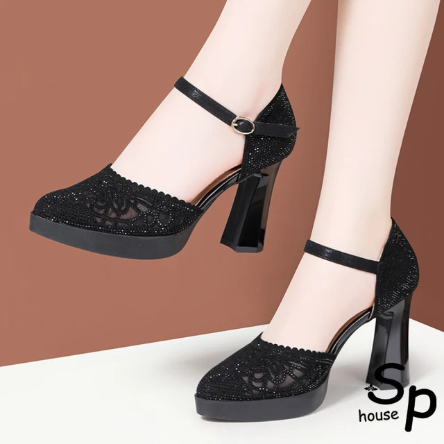 Sp house 性感都會羊絨圓頭繫帶粗高跟鞋(黑色跟高可選
