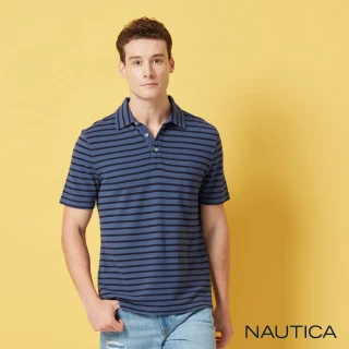 【NAUTICA】男裝 百搭細條紋短袖POLO衫(深藍色)