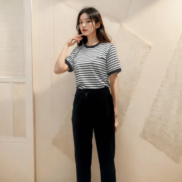 【baibeauty 白鳥麗子】休閒條紋圓領短袖上衣+百搭雙口袋直筒長褲(兩件式套裝)