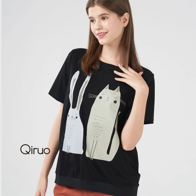 Qiruo 奇若名品 春夏專櫃黑色短袖上衣2091A 精品貓咪圖案(M-2XL)